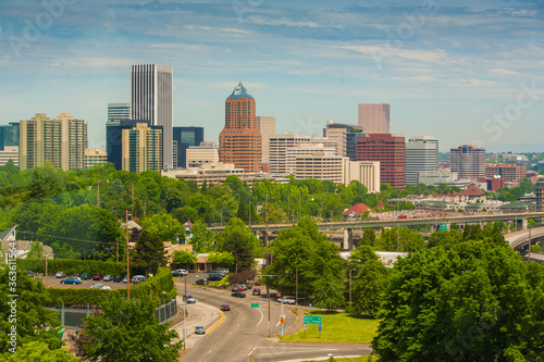 Skyline of city of Portland  Oregon with major downtown buildings.