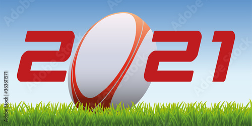 L’année 2021 avec un ballon de rugby posé sur la pelouse d’un terrain pour symboliser le lancement de la nouvelle saison de compétition.
