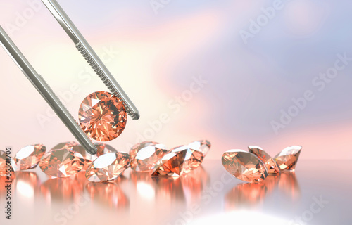Diamond in tweezers soft focusing with group of round diamond in background 3d rendering.