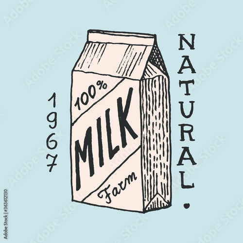 Milk label. Retro Packaging. Vintage logo for shop. Badge for t-shirts. Hand Drawn engrave sketch. Vector illustration.