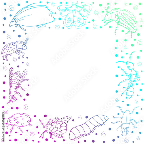 Insects. Printing on paper. Vector isolated illustration with insect. Butterfly, ant, beetle, ladybug, caterpillar, bee on a white background. Design for biology books. Insects. 