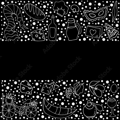 Romantic Italy. Set with Italian attributes. Vector encoded illustration with Italian design element. Design of postcards, invitation cards, posters, stickers, clothing, fabrics.