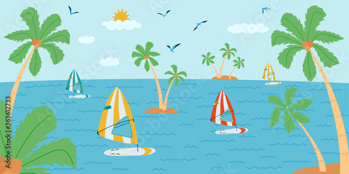Horizontal background with seascape in flat style . Summer banner with surfing board, palm tree, boat. Vector illustration