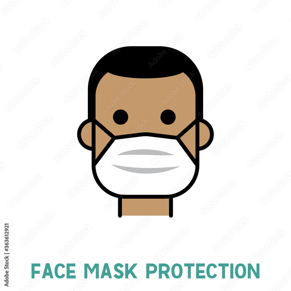 Fototapeta premium Man in face mask line icon, vector pictogram of pandemic virus prevention. Protection wear from coronavirus, air pollution, dust, flu illustration. Sign for medical equipment store. Wear your mask.