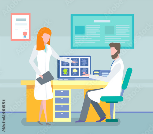 Concept of magnetic resosnance imaging of brain. Doctor or therapist sitting at table in medical office. Medical worker looking at screen with tomography scan. Doctors analyzing MRI brain scan