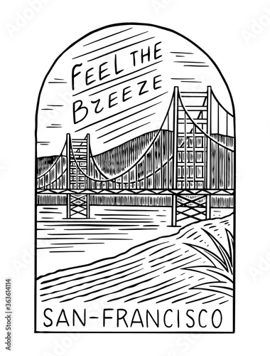 Retro Summer San Francisco. Surf badge, Vintage Surfer logo. Engraved emblem hand drawn. Banner or poster.
