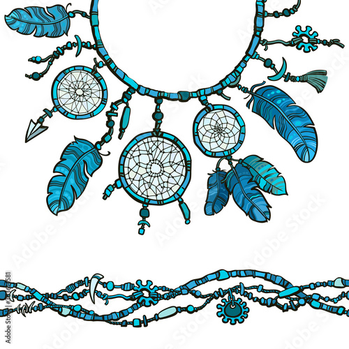Dream catcher and seamless border made from beads. Boho style decoration. Vector illustration.