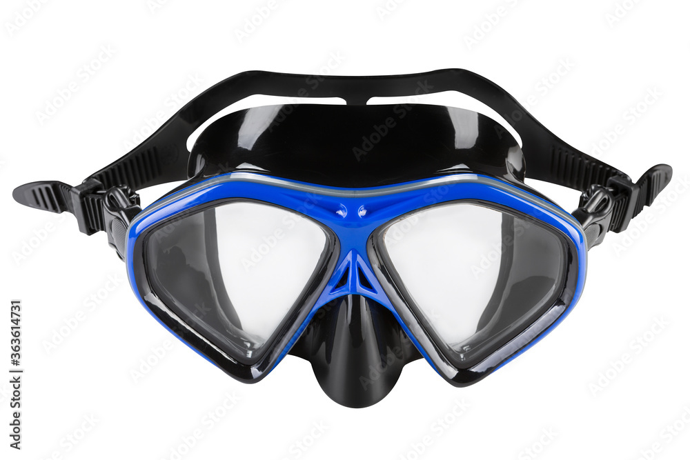 blue diving mask with black silicone shutter, frontal position, on a white background blue diving mask with black silicone shutter, frontal position, on a white background