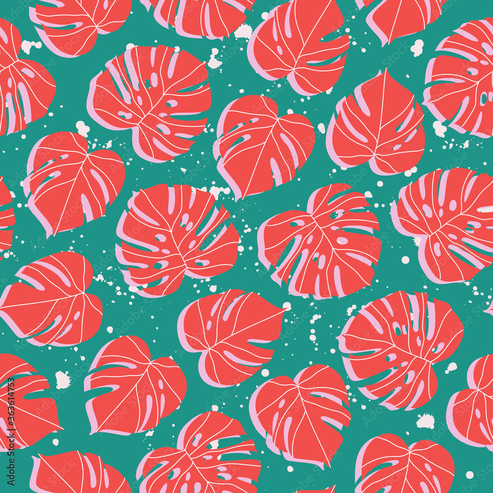 Red monstera leaves on a green seamless pattern. Trendy hand-drawn vector pattern made of monstera plants. Foliage seamless design for banner, card, wallpapers and wrapping. Vibrant tone pattern. Red monstera leaves on a green seamless pattern. Trendy hand-drawn vector pattern made of monstera plants. Foliage seamless design for banner, card, wallpapers and wrapping. Vibrant tone pattern.