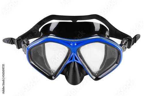 blue diving mask with black silicone shutter, frontal position, on a white background