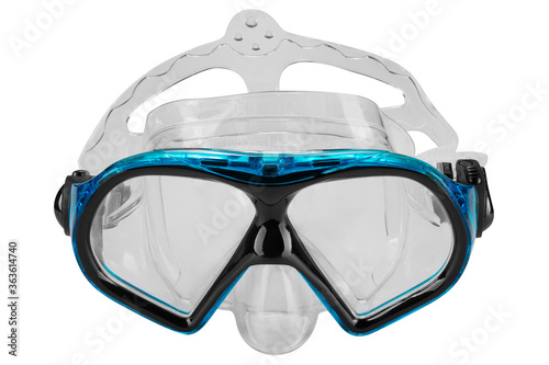 turquoise plastic snorkeling mask, with silicone shutter, frontal, white background