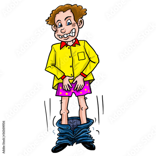 Embarrassed Man loses his pants. Joke cartoon.