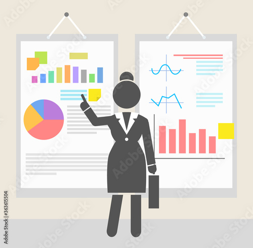 Businesswoman show presentation of finacial plan or strategy plan at hanging boards with graphics, diagrams, text blocks. Businessperson presenting progress in work. Woman present graphical analytics