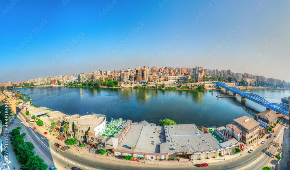 El Mansoura / Egypt - 7 Sep 2019 -  Landscape panoramic view of river Nile in Mansoura city - Panorama - Dakahlia Governorate or Dakahliya governor