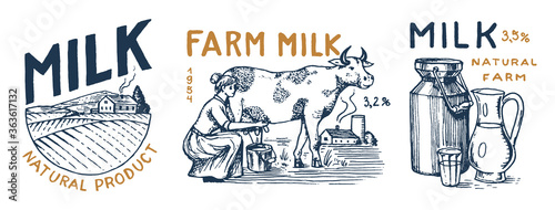 Milk set. Cow and woman farmer, milkmaid and jug, blot and bottles, packaging and meadow, man holds a glass. Vintage logo for shop. Badge for t-shirts. Hand Drawn engrave sketch. Vector illustration.