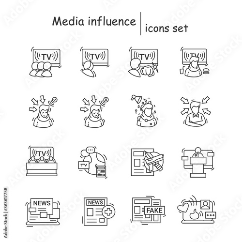 Media influence icons set. TV press and newspaper information impact on public opinion linear pictograms. Concept of journalism and political propaganda. Editable stroke vector illustration