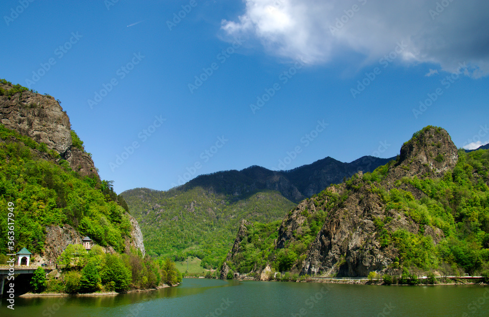 Olt Valley with Olt river and Cozia Mountains in Romania, Europe