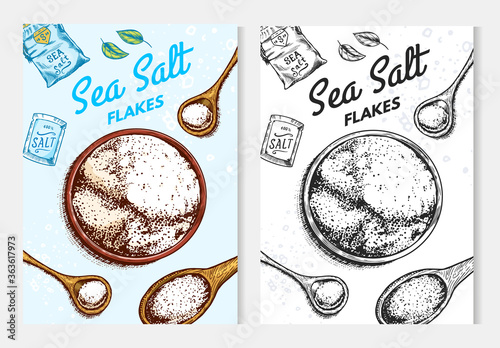 Sea salt posters and banners. Vintage labels. Glass bottles, packaging and and leaves, wooden spoons, powdered powder, spice in the hand. Engraved hand drawn sketch background. 