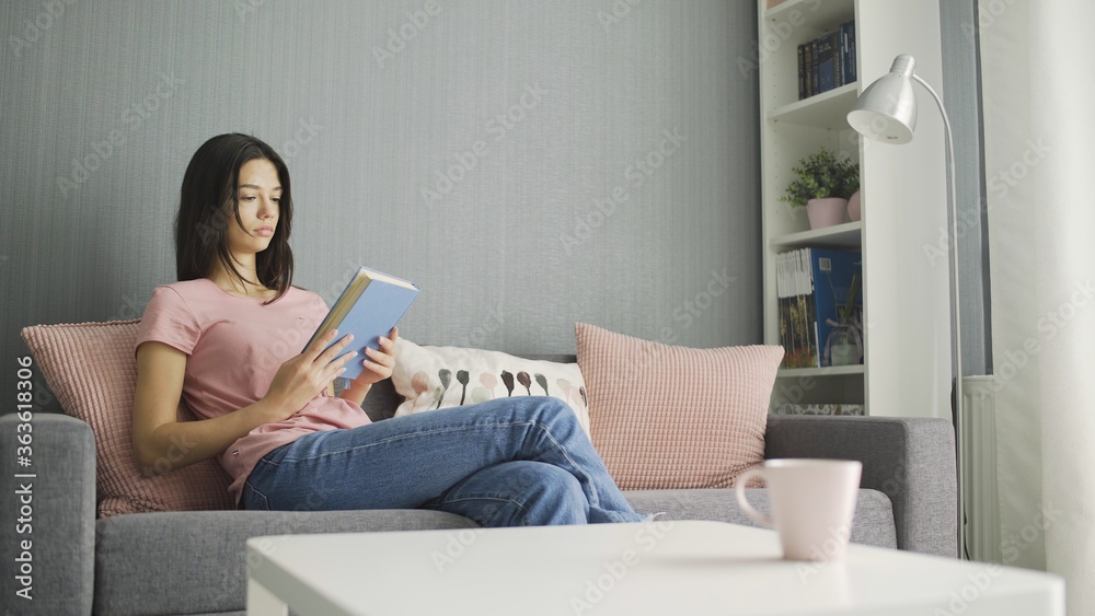 Beautiful attractive young woman looking at book cover and prepare to reading while sitting on sofa at home Beautiful attractive young woman looking at book cover and prepare to reading while sitting on sofa at home