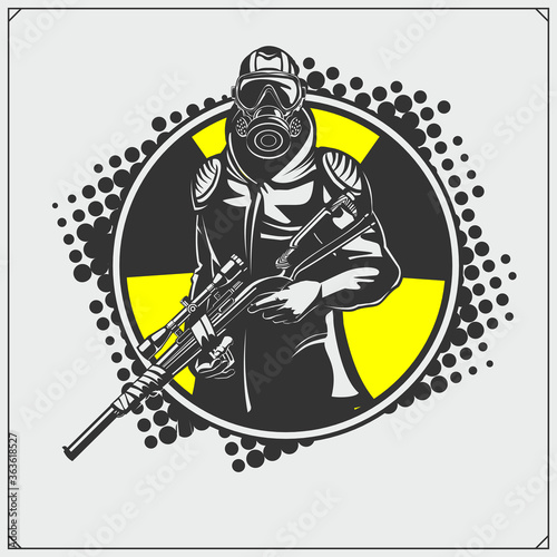 Soldier with rifle, gas mask and armour. Shooter emblem. Print design for t-shirt. 