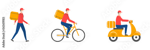 Online delivery service set. Scooter  bicycle courier and delivery man in respiratory mask. Delivery home and office collection. Fast and free delivery service. Vector illustration isolated on white.