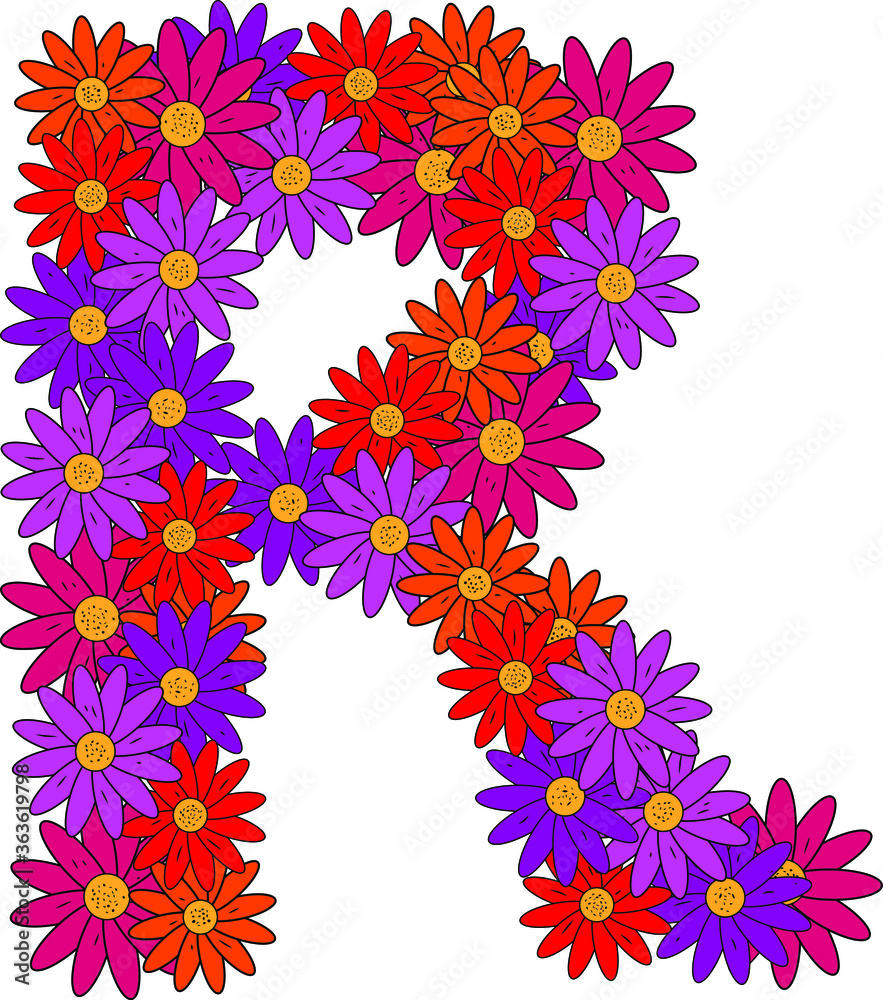 Flower font. The letter R. Many colored flower heads. Inflorescence. Bright petals. Purple, pink, red, orange. Romantic summer lettering