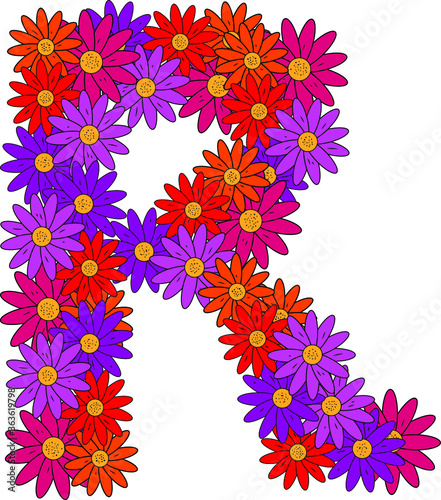 Obraz na płótnie Flower font. The letter R. Many colored flower heads. Inflorescence. Bright petals. Purple, pink, red, orange. Romantic summer lettering w salonie