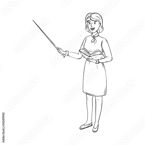 Sketch of a teacher in a skirt and blouse. The woman stands with a pointer in one hand and an open book in the other. A pretty teacher with short dark hair is smiling. Hand-drawn, isolated on white.