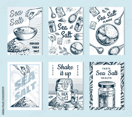 Sea salt posters and banners. Vintage labels. Glass bottles, packaging and and leaves, wooden spoons, powdered powder, spice in the hand. Engraved hand drawn sketch background. 