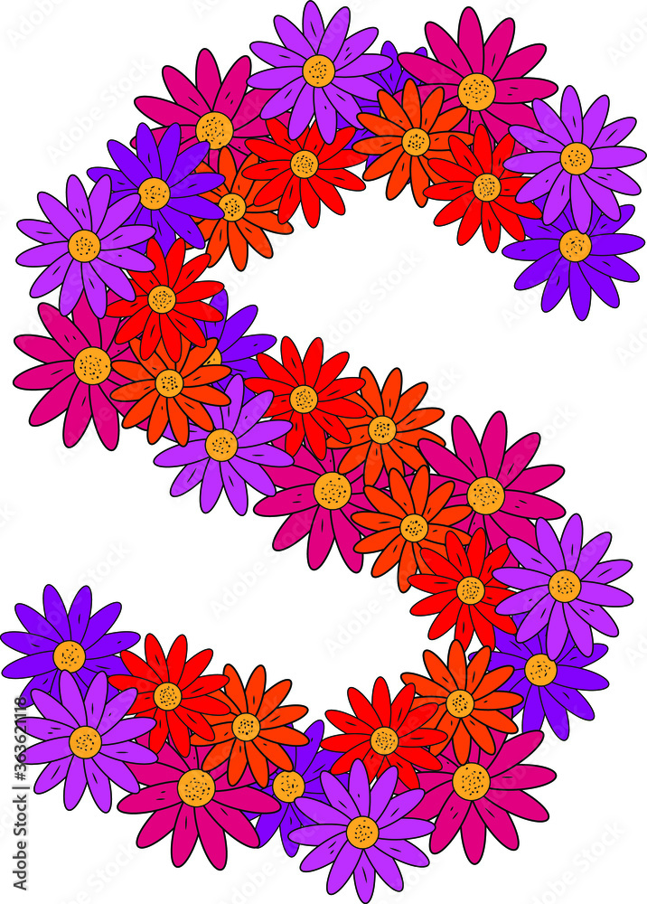 Flower font. The letter S. Many colored flower heads. Inflorescence. Bright petals. Purple, pink, red, orange. Romantic summer lettering