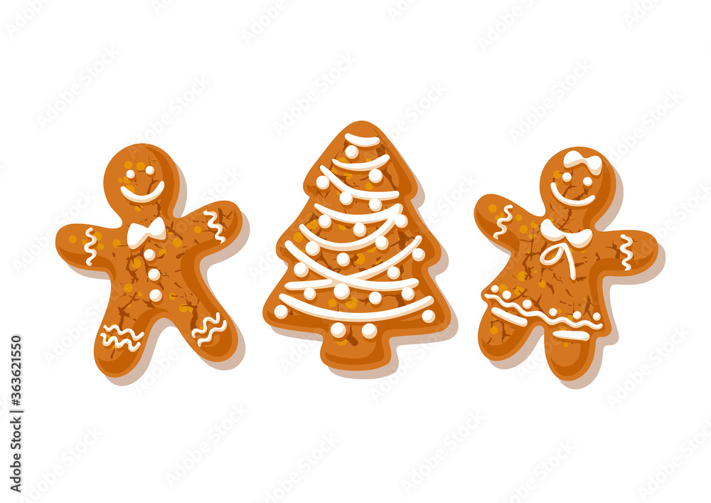 Gingerbreade man, woman and Christmas tree. Traditional homemade sugar coated cookies isolated Gingerbreade man, woman and Christmas tree. Traditional homemade sugar coated cookies isolated