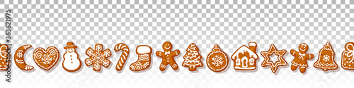 Christmas gingerbread cookies seamless border on transparante background Traditional homemade sugar coated cookies