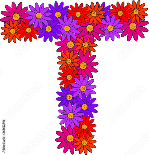 Obraz na płótnie Flower font. The letter T. Many colored flower heads. Inflorescence. Bright petals. Purple, pink, red, orange. Romantic summer lettering w salonie