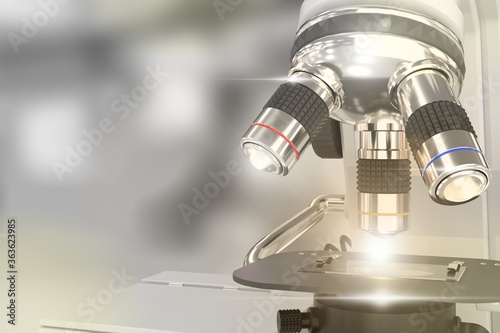 physics analyzing concept, laboratory electronic scientific microscope with flare on bokeh background - object 3D illustration