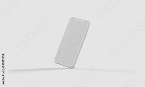 Floating Vertical White Clay Smartphone Leaned Towards the Right – Blank Screen – Isolated on White Background