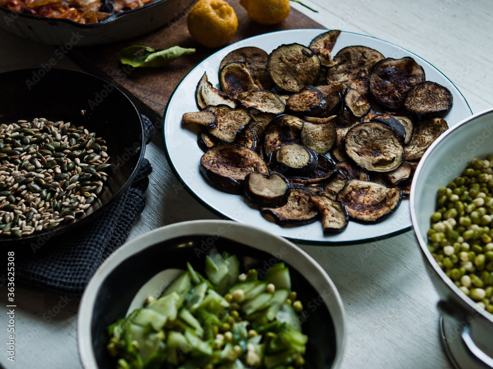 Traditional rustic food on plates and table Traditional rustic food on plates and table