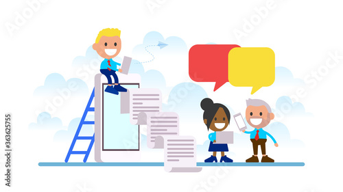 Office workers discuss online article.	
