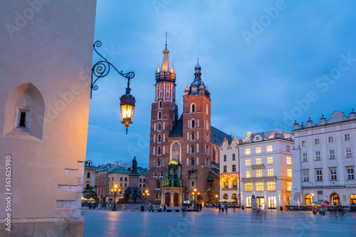 St. Mary's Basilica on the Krakow Main Square during the dusk, Poland