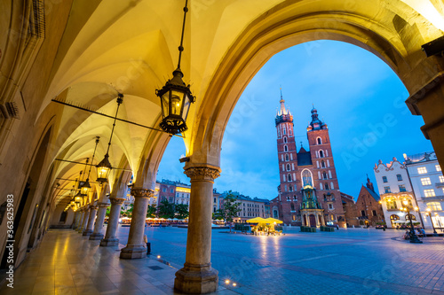 St. Mary's Basilica on the Krakow Main Square during dusk, Poland