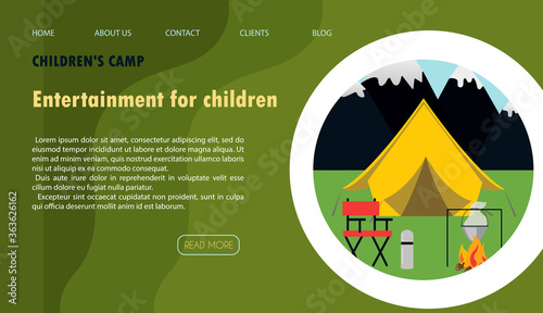 Vector illustration of the site for children s camping, health camps and tourism. Flat illustration of the main page of the mobile app with a tree house, tent, campfire and camping equipment against