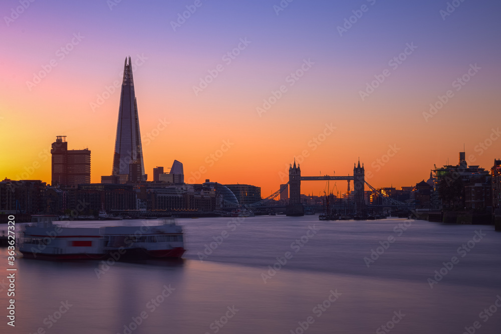 Long exposure, London city skyline with Tower bridge
