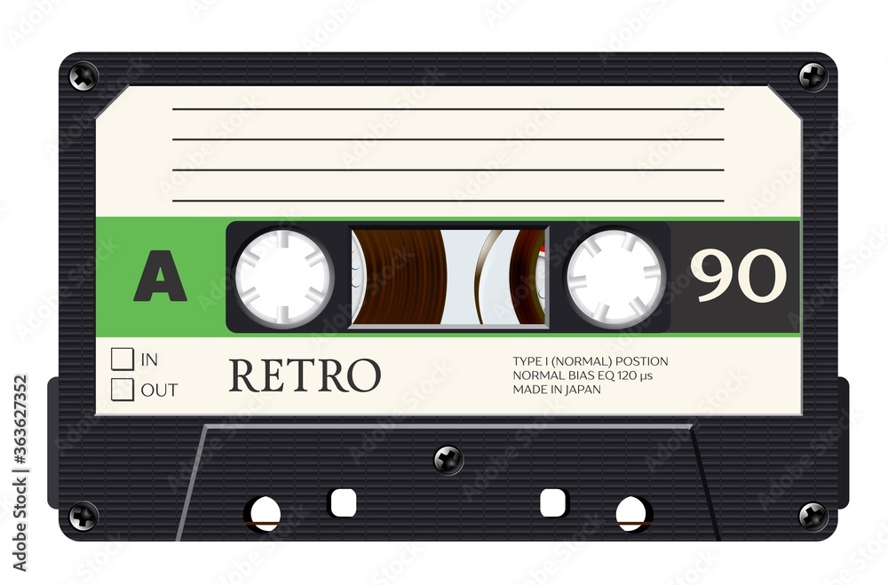 Cassette with retro label as vintage object for 80s revival mix tape design