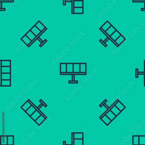 Blue line Solar energy panel icon isolated seamless pattern on green background. Vector Illustration.