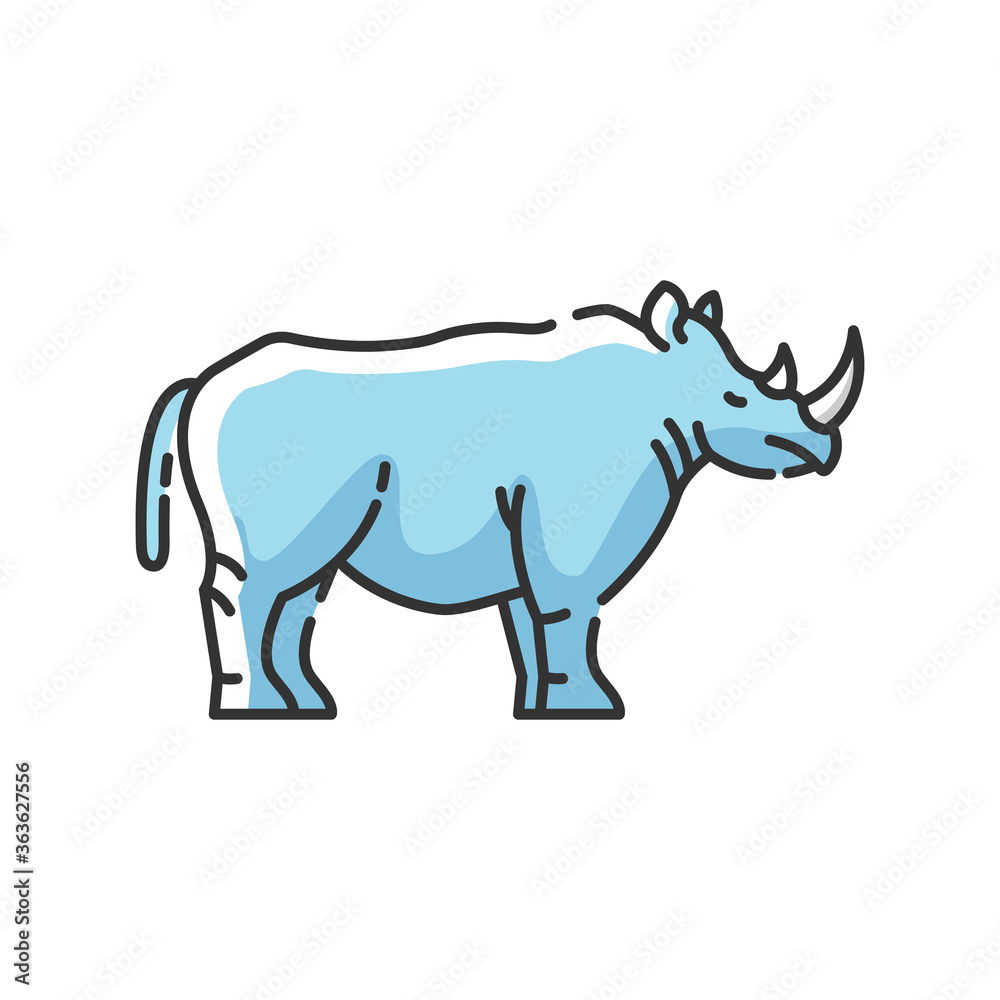 Rhinoceros RGB color icon. Exotic horned animal, african fauna. Tropical zoo mascot, endangered species. Zoology, safari. Large rhino isolated vector illustration