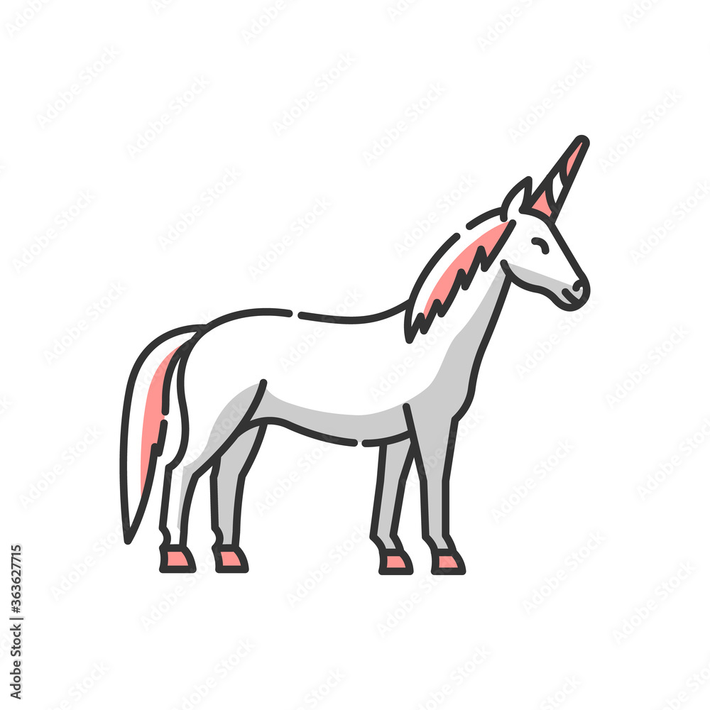 Unicorn RGB color icon. Mythical creature, fairy tale animal mascot. Childish fantasy animal, kids fable. Magical horse with horn isolated vector illustration