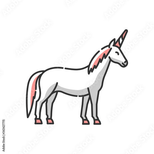 Unicorn RGB color icon. Mythical creature  fairy tale animal mascot. Childish fantasy animal  kids fable. Magical horse with horn isolated vector illustration