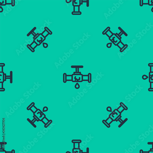 Blue line Broken metal pipe with leaking water icon isolated seamless pattern on green background. Vector Illustration.