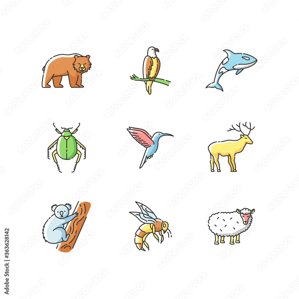 Animal species RGB color icons set. Flying birds, land animals and sea creatures. Diverse wildlife, exotic and ordinary fauna. Isolated vector illustrations Animal species RGB color icons set. Flying birds, land animals and sea creatures. Diverse wildlife, exotic and ordinary fauna. Isolated vector illustrations