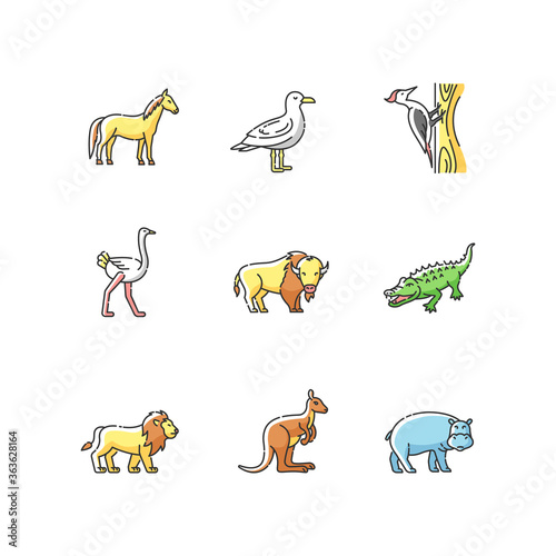 Flying and land animals RGB color icons set. Common birds and exotic wildlife. Diverse herbivore mammals and carnivore predators. Isolated vector illustrations