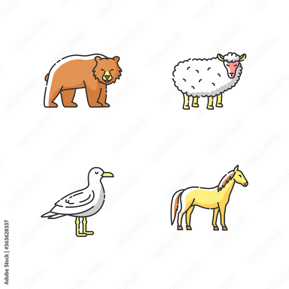 Domestic and wild animals RGB color icons set. Bear, seagull, horse and sheep. Mammals and bird. Forest wildlife and farm livestock. Isolated vector illustrations Domestic and wild animals RGB color icons set. Bear, seagull, horse and sheep. Mammals and bird. Forest wildlife and farm livestock. Isolated vector illustrations